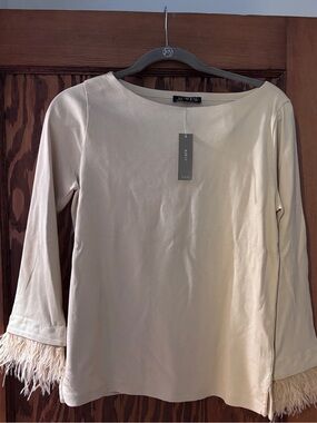 J. Crew Cream Long Sleeve Top with Feather Cuffs